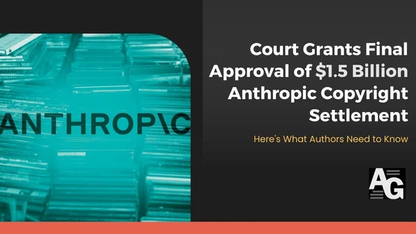 Graphique d'actualité sur l'approbation finale d'un règlement de 1,5 milliard de dollars dans l'affaire Anthropic, avec une pile de livres stylisée marquée ANTHROPIC et un logo d'éditeur.