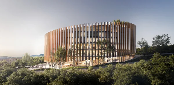 Rendu architectural du Mathias Corvinus Collegium : bâtiment cylindrique incurvé, façades de lattes verticales en bois ou terre cuite, grandes baies vitrées, toiture végétalisée et parc arboré avec promeneurs.