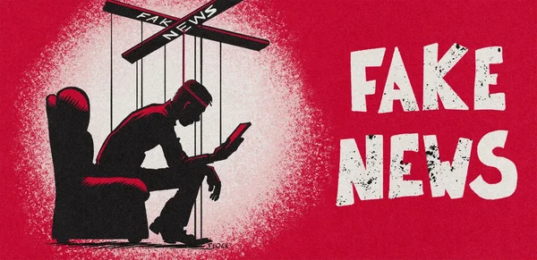 Illustration d’une personne assise dans un fauteuil, manipulée comme une marionnette par des barres portant l’inscription « FAKE NEWS », consultant une tablette devant un fond rouge où s’affiche « FAKE NEWS ».