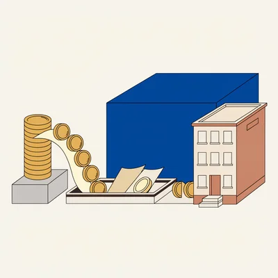 Illustration éditoriale à plat : à gauche, une pile de dix pièces d'or ; à droite, un immeuble ancien. La majeure partie des pièces est dirigée vers un bac de frais d'acquisition, tandis qu'une petite part seulement atteint le seuil du bâtiment, sur fond clair avec un large bloc bleu en arrière-plan.