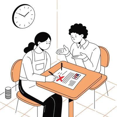 Dans une salle de pause, une jeune étudiante en tenue de travail et son responsable sont assis face à face et examinent un contrat de travail à temps partiel écrit ; elle tient un stylo au-dessus de la ligne de signature et désigne une clause barrée d'une croix rouge, tandis qu'un calendrier hebdomadaire, une petite pile de pièces et une horloge murale sont visibles près d'eux.