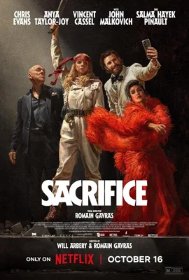 Affiche officielle du film "Sacrifice" sur Netflix : quatre membres du casting posent côte à côte sur fond sombre, avec le titre du film réalisé par Romain Gavras, le générique et la date de sortie du 16 octobre
