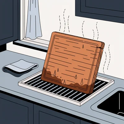 Illustration d'une planche à découper en bois posée debout sur la tranche dans un égouttoir, avec des marques de couteau, une fine fissure, des gouttes d'eau et une zone humide plus sombre sur le bas, près d'une fenêtre ouverte qui laisse circuler l'air.