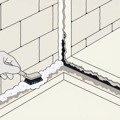 Illustration en gros plan d’un coin de receveur de douche : une main gantée brosse une portion lisse du joint silicone pour en retirer un film gris, tandis que la portion voisine est fissurée, décollée et noircie sous le bord soulevé.