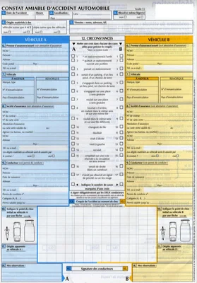 Formulaire vierge de constat amiable d'accident automobile, avec sections bleue et jaune pour les véhicules A et B, cases à cocher et schéma des points d'impact.