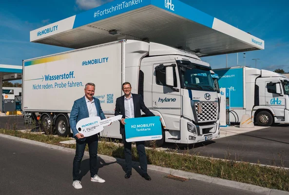 Deux hommes posant devant un camion blanc à hydrogène sous le auvent bleu d'une station H2 MOBILITY à Hanovre, l'un tenant une grande clé symbolique, l'autre une pancarte "H2 MOBILITY Tankkarte", d'autres poids lourds H2 visibles en arrière-plan