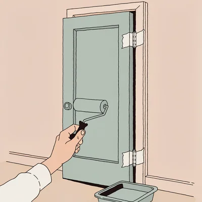 Illustration d'une porte intérieure à panneaux, toujours montée sur ses gonds, sur laquelle une main applique une deuxième couche de peinture au rouleau mousse ; la poignée est déposée, les charnières sont masquées et un fin jeu reste visible entre le chant de la porte et le dormant.