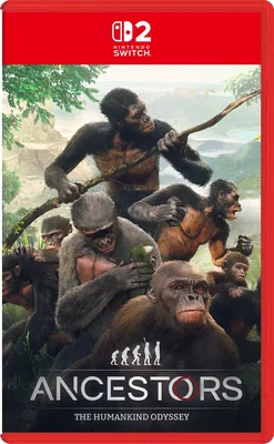 Jaquette promotionnelle d'Ancestors: The Humankind Odyssey pour Nintendo Switch 2, montrant un groupe d'hominidés à l'allure de grands singes évoluant dans une jungle préhistorique luxuriante