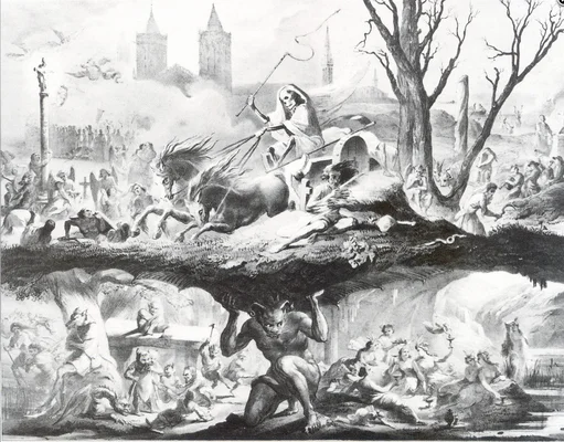Gravure en noir et blanc d’après Le Triomphe de la Mort de Pieter Bruegel l’Ancien : un squelette armé chevauche un cheval au-dessus d’un paysage en ruines, tandis que démons et créatures infernales s’agitent dans une partie souterraine.