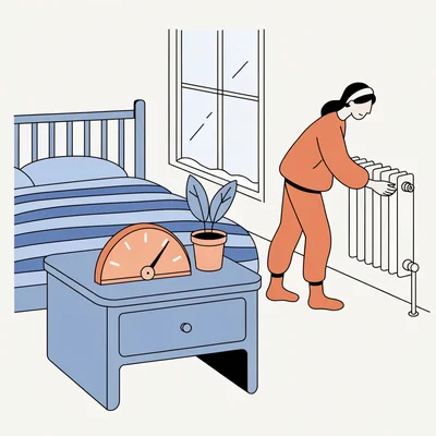 Dans une chambre d’hiver, une personne en tenue d’intérieur baisse le robinet du radiateur tandis qu’un hygromètre analogique posé sur la table de chevet indique une humidité dans la zone médiane, au milieu d’un lit, d’une petite plante et d’une fenêtre enneigée.
