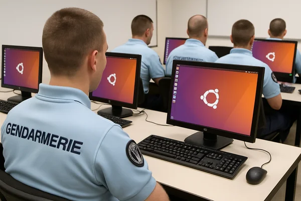 Quatre gendarmes en uniforme bleu clair, assis devant des ordinateurs lors d'une formation, avec l'écran de connexion Ubuntu visible.