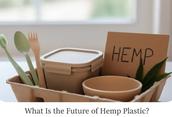 Des contenants et couverts écologiques marqués « HEMP » sont disposés dans un plateau, avec le titre « What Is the Future of Hemp Plastic? » en bas de l’image.