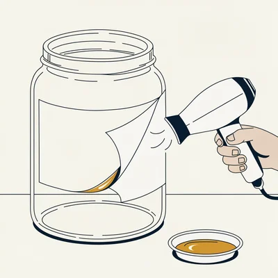 Un bocal en verre posé sur un plan de travail clair, son étiquette en papier vierge à demi décollée en un seul morceau ; une main dirige un sèche-cheveux vers l’étiquette, tandis qu’une petite coupelle d’huile et une trace luisante au bord du papier rappellent le rôle du corps gras.