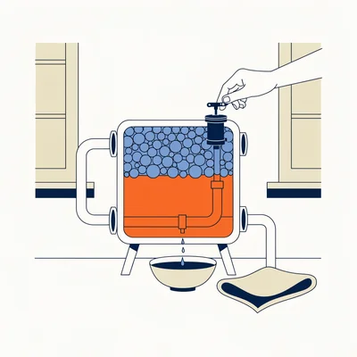 Dans une pièce claire, vue en coupe d’un radiateur à eau : une main actionne la vis de purge avec une clé, tandis que des bulles d’air occupent la partie haute et que l’eau chaude remplit le bas ; un récipient recueille l’eau qui s’écoule.