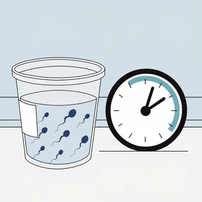 Illustration éditoriale en flat design : un gobelet stérile de recueil de sperme, à l’étiquette vierge, contenant quelques spermatozoïdes stylisés, posé sur une paillasse de laboratoire à côté d’une horloge simple dont un arc met en évidence une courte période de plusieurs jours. Aucun texte ni chiffre n’est visible.