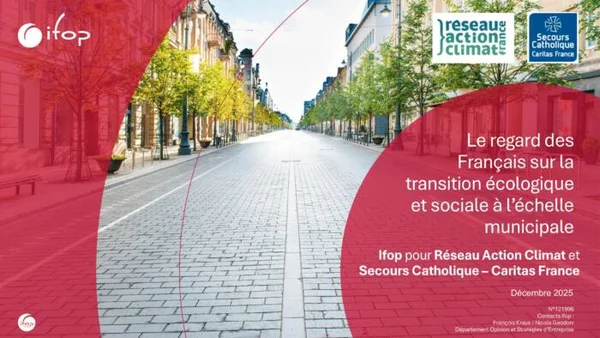 Couverture du rapport Ifop pour le Réseau Action Climat et Secours Catholique–Caritas France intitulé « Le regard des Français sur la transition écologique et sociale à l’échelle municipale », avec une rue arborée et des bâtiments sous des aplats rouges.