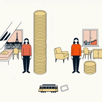 Dans une illustration en deux volets, un étudiant dans un minuscule studio mansardé parisien se tient près d’une pile de pièces très haute, la tour Eiffel visible par la fenêtre, tandis qu’un autre étudiant, dans un appartement plus spacieux à Limoges, a près de lui une pile de pièces beaucoup plus basse ; un petit tramway et un ticket de transport apparaissent au bas de l’image.