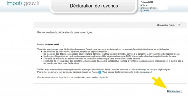 Page de déclaration de revenus en ligne sur le site des impôts, destinée aux contribuables français