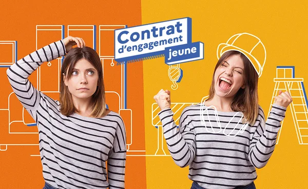 Illustration du Contrat d'engagement jeune montrant une jeune femme en chemise rayée, d'abord pensive sur fond orange, puis souriante avec un casque de chantier et des pictogrammes de construction sur fond jaune.