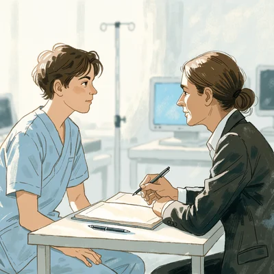 Dans une salle lumineuse d'hôpital, une jeune candidate aide-soignante en tenue professionnelle est assise face à un membre du jury qui consulte un dossier ouvert et sans texte lisible sur la table ; la scène illustre l'audition de la VAE, sans concours.