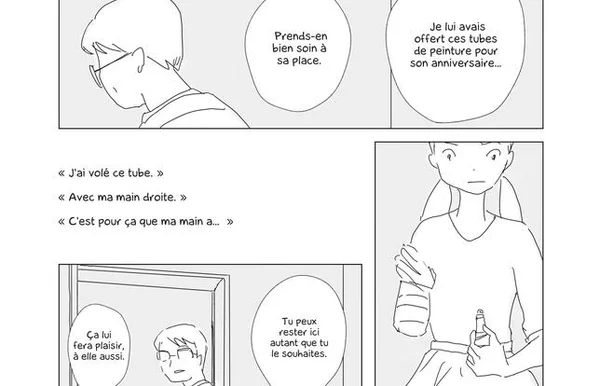 Planche en noir et blanc de « Paraíso » : un personnage à lunettes baissant les yeux, une adolescente au bras bandé tenant une bouteille, et des bulles de dialogue en français évoquant un tube de peinture volé