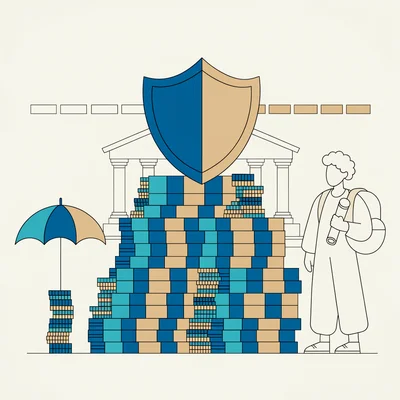 Un étudiant avec un sac à dos et un diplôme roulé se tient à côté d'une haute pile de billets et de pièces représentant un prêt étudiant ; un large bouclier officiel recouvre environ 70 % de la pile, tandis qu'un petit parapluie protège une colonne séparée de pièces figurant l'assurance facultative, avec une banque et une frise de huit segments, trois clairs et cinq foncés, en arrière-plan.