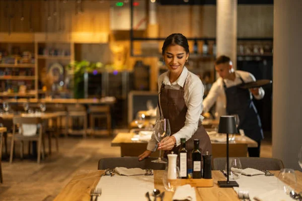 Une serveuse en chemise blanche et tablier marron dispose des verres à vin sur une table dressée dans un restaurant chaleureusement éclairé, tandis qu'un collègue porte un plateau en arrière-plan.