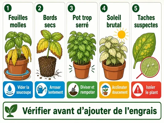 Infographie en français sur le basilic en pot qui jaunit, présentant cinq problèmes courants — feuilles molles, bords secs, racines à l'étroit, soleil trop fort, taches suspectes — et les gestes correctifs associés, avec un rappel de vérifier avant d'ajouter de l'engrais.
