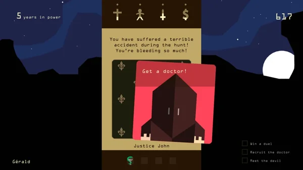 Capture d'écran du jeu Reigns montrant une carte 'Get a doctor!' avec Justice John, des icônes de ressources, un score et des objectifs à l'écran.