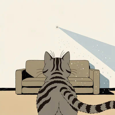 Illustration d’un chat tigré figé au milieu d’un salon ensoleillé, oreilles tendues et regard verrouillé sur un minuscule moucheron et un reflet à peine visible sur un mur crème au-dessus du canapé, tandis qu’un rai de lumière révèle des poussières en suspension.