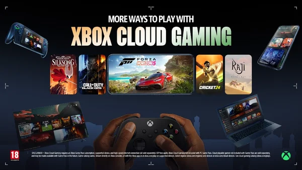 Bannière promotionnelle Xbox Cloud Gaming avec le titre du service, une rangée de jaquettes de jeux (Forza Horizon 5, Call of Duty, Silksong, Cricket 24, Raji) et les appareils compatibles : console portable, tablette, smartphone, ordinateur portable, téléviseur et mains tenant une manette Xbox.