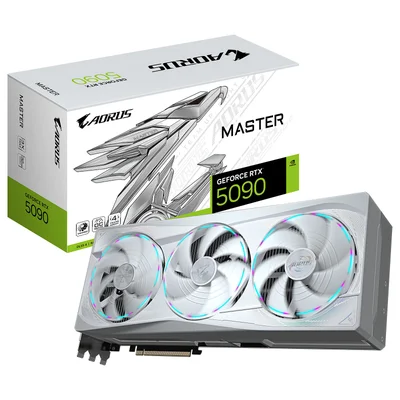 Carte graphique Gigabyte AORUS GeForce RTX 5090 Master à triple ventilateur blanc et argent avec anneaux RGB, présentée devant sa boîte.