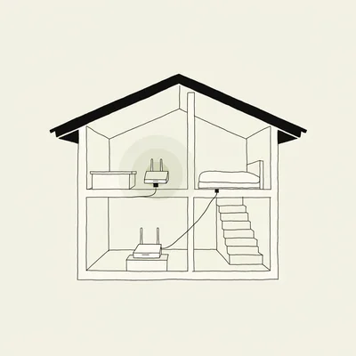 Illustration en coupe d'un logement à étage : une box Wi-Fi au rez-de-chaussée et une borne mesh à l'étage, reliées par un câble Ethernet, avec des ondes de signal qui traversent les pièces et butent contre une cloison épaisse.