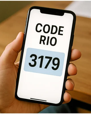 Une main tient un smartphone dont l’écran blanc affiche « CODE RIO » et le numéro 3179, entouré d’un encadré bleu, pour illustrer l’obtention du code nécessaire à la portabilité du numéro.