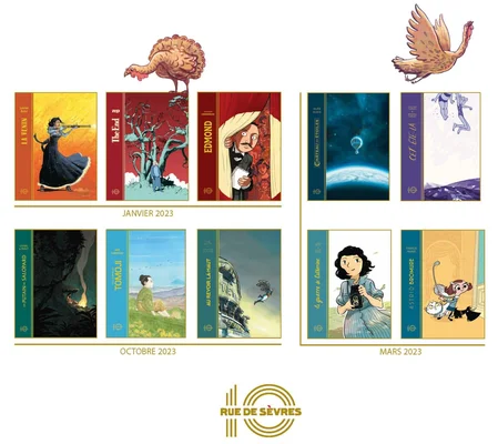 Visuel promotionnel de l'éditeur de bande dessinée Rue de Sèvres présentant des séries de couvertures d'albums classées par dates de parution - janvier, mars et octobre 2023 - encadrées de deux oiseaux illustrés et du logo de la maison d'édition.