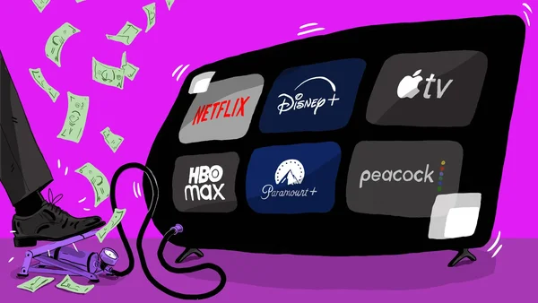 Illustration éditoriale montrant un téléviseur affichant les logos de services de streaming (Netflix, Disney+, Apple TV, HBO Max, Paramount+, Peacock) gonflé par une pompe à pied, avec des billets qui s'envolent, symbole de la hausse des abonnements.