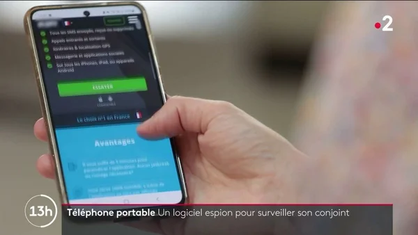 Illustration évoquant la surveillance d'un téléphone portable par un logiciel espion dans un contexte de violences conjugales, sujet traité par franceinfo