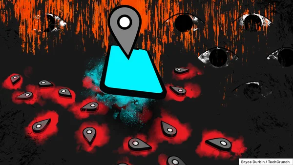 Illustration d'un vaste réseau de stalkerware : une grande épingle de localisation cyan entourée de nombreuses épingles rouges lumineuses et d'yeux sur un fond sombre strié de rouge, crédit Bryce Durbin / TechCrunch