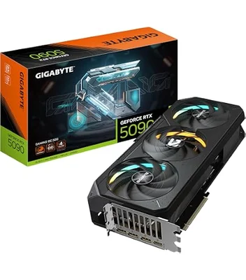Carte graphique Nvidia GeForce RTX 5090 exposée devant sa boîte de vente sur fond neutre, illustration des coûts de la gamme RTX 50.