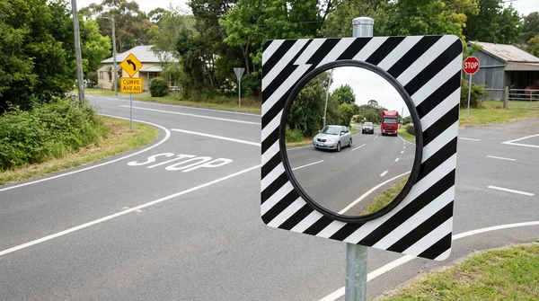 Miroir de sécurité convexe à cadre carré strié noir et blanc installé à une intersection rurale, reflétant des voitures et un camion approchant sur la route.