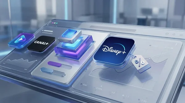 Illustration d'interface futuriste bleutée réunissant les logos 3D de Canal+ et Disney+ autour d'icônes de lecture, de graphiques et d'éléments abstraits évoquant les tarifs des abonnements streaming
