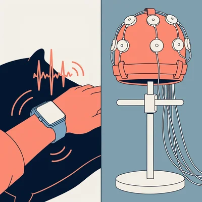 À gauche, un poignet posé sur un oreiller porte une montre connectée dont s’échappent des courbes de pouls et de mouvement ; à droite, un casque de polysomnographie muni d’électrodes est posé sur un support.