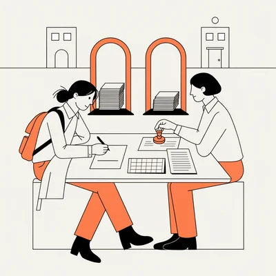 Illustration d’un étudiant salarié en licence signant un contrat de réussite pédagogique à un bureau universitaire, face à un conseiller, avec un contrat de travail, un emploi du temps et deux calendriers de tailles différentes ; derrière eux, deux guichets et façades universitaires distincts suggèrent que les aménagements varient selon l’établissement.