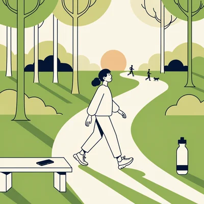 Illustration éditoriale à plat : une jeune personne marche d'un pas vif sur une allée de parc bordée d'arbres au petit matin, bouteille d'eau sur l'herbe et téléphone posé face contre un banc, pour illustrer une routine bien-être gratuite plutôt qu'une application payante.