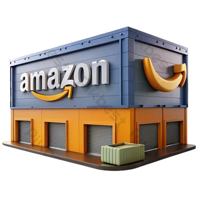 Rendu 3D d'un entrepôt Amazon stylisé à deux étages avec le logo Amazon sur la façade et un conteneur vert devant les quais de chargement.