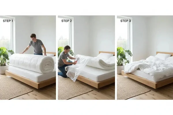 Infographie en trois étapes montrant un homme installant un matelas roulé sur un sommier en bois, coupant l'emballage plastique puis laissant le matelas reprendre sa forme.
