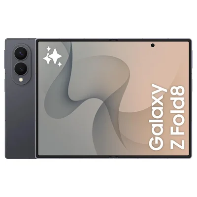 Rendu promotionnel du Samsung Galaxy Z Fold8 Graphite ouvert, avec son module photo arrière visible et un écran affichant Galaxy Z Fold8.