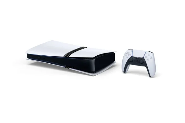 Console PlayStation 5 Pro debout verticalement avec une manette DualSense sans fil sur un fond blanc, illustrant le matériel actuel du marché