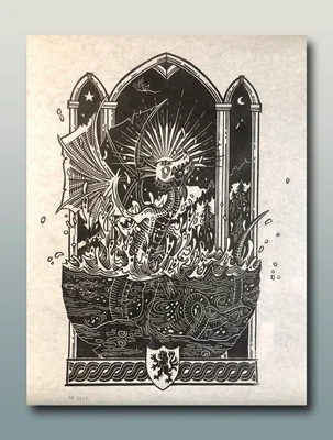 Linogravure médiévale en noir et blanc représentant la Vouivre, dragon ailé surgissant de vagues déchaînées, encadré d'une arche gothique et d'un écu héraldique à la base