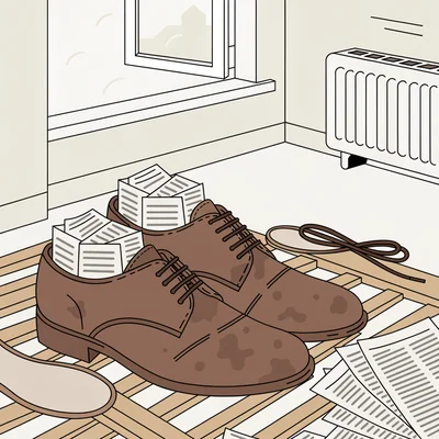 Illustration d'une paire de chaussures en cuir mouillées, lacets retirés et semelles intérieures posées à côté, bourrées de papier journal et placées sur une grille en bois près d'une fenêtre ouverte ; un radiateur éteint reste à l'écart en arrière-plan.